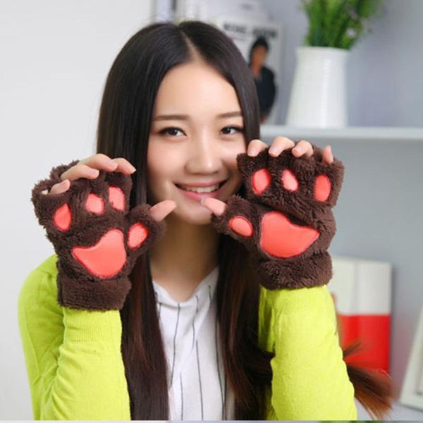 

five fingers gloves women animal kawaii cotton female half finger cute cat claw mittens warm fingerless fluffy, Blue;gray