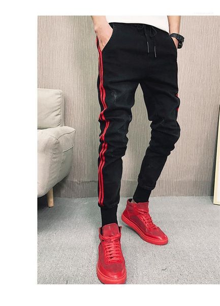 

pencil pants teenager hiphop street jeans spring autumn designer disterressed jeans men skinny elastic waist, Blue