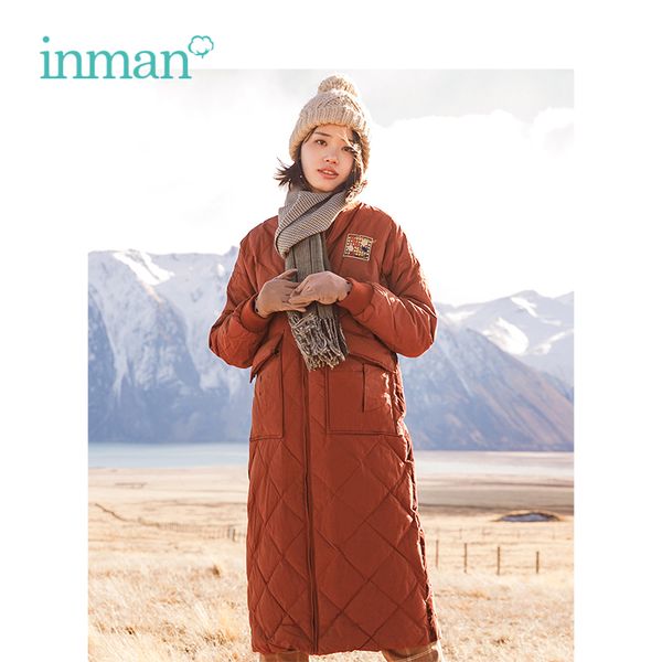 

inman 2020 winter stand collar rhombic lattice embroidery women causal warm long down coat outerwear, Black