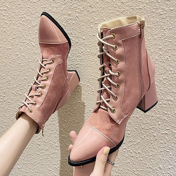 

женщины boots sexy toe остроконечные ботильоны женщины насосы осень узелок квадратный каблук обуви на высоком каблуке zapatillas mujer solid, Black