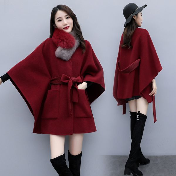 

2020new autumn winter korean fashion double-sided woolen coat women's jackets cloak shawl bat-shaped mid-length red woolen coats, Black