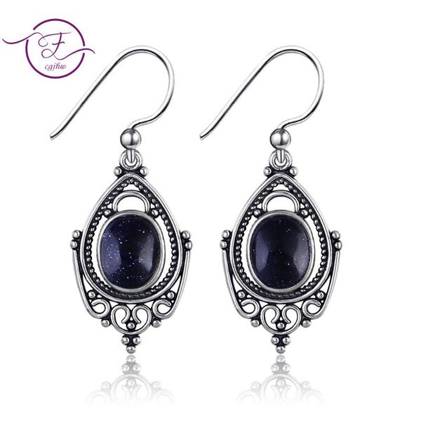 

dangle & chandelier s925 sterling silver earrings fashion retro texture large oval 8x10mm blue sandstone wedding party 925 jewelri