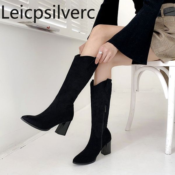 

women's boots autumn and winter the new fashion pointed zipper thick heel high heel high tube women's shoes plus size 34-48, Black