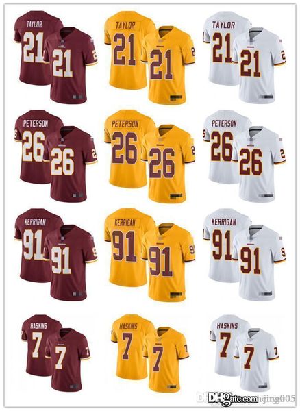 

mens womens youth washington redskins 91 ryan kerrigan 26 adrian peterson 21 sean taylor 7 dwayne haskins football jerseys, Black;red