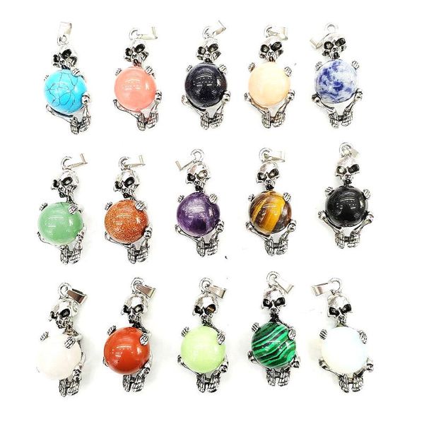 

charms natural stone skull pendant retro alloy inlaid obsidian ball bead opal making diy necklace jewelryaccessories, Bronze;silver