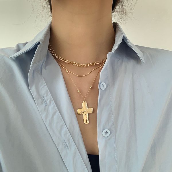 

chokers fashion couple necklace 2021 simple multi layers big cross long pendant choker jewelry statement collares hip hop, Golden;silver