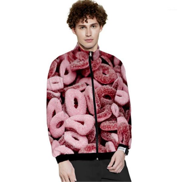 

fashion 3d digital printing stand collar long sleeve zipper outerwear designer male casual candy printing coats clothing man sweets jackets, Black;brown