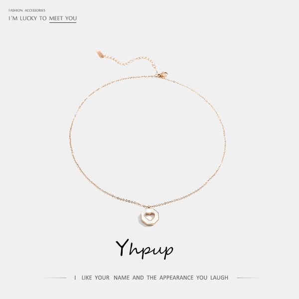 

yhpup 316l stainless steel rose gold hollow heart pendant necklace classic statement charm necklace collares for female gift, Golden;silver