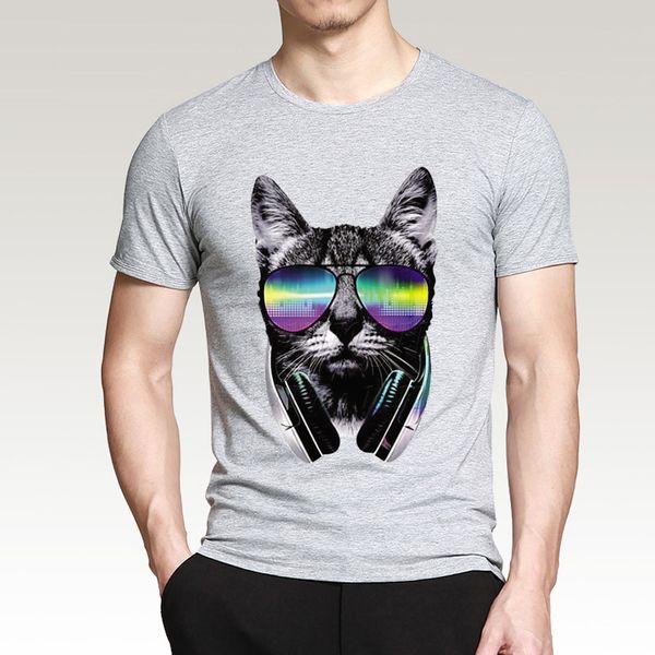 

funny clothing music dj cat printed cool animal shirt 2019 summer anime t-shirt men 100% cotton brand tees