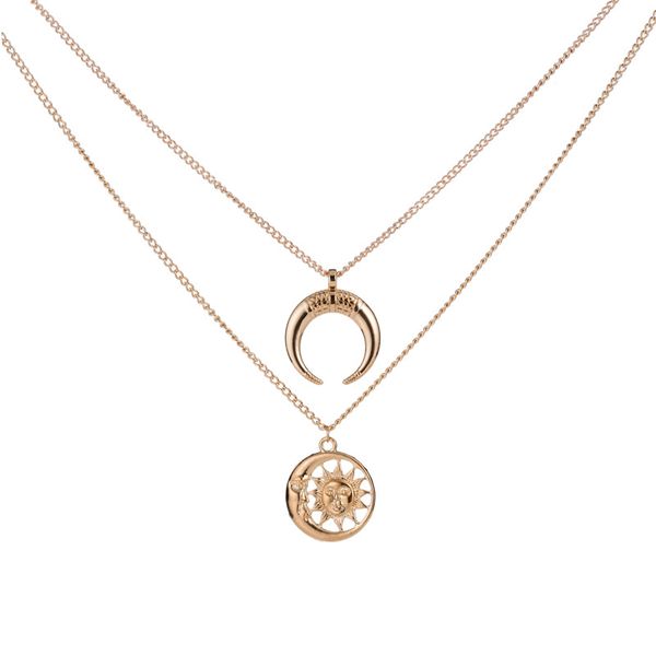 

pendant necklaces multi-layer disc horn necklace vintage clavicle chain half moon sun choker for women girls, Silver