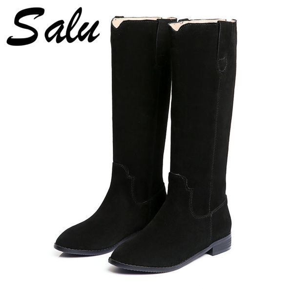 

salu boots women square heels autumn winter knee high boots high platforms casual shoes woman long warm ladies, Black
