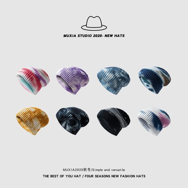 

tie-dye winter beanie hat for women cashmere knitted beanie hat colorful skullies cap autumn fur hats for female, Blue;gray