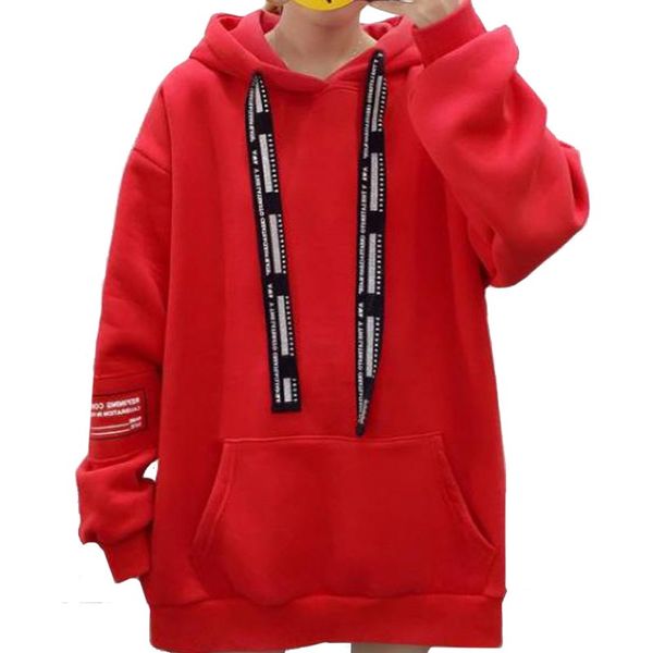 

winter women hoodie letter patch drawstring sweatshirt long sleeve loose female mid-length coat casual plus velvet pullover, Black