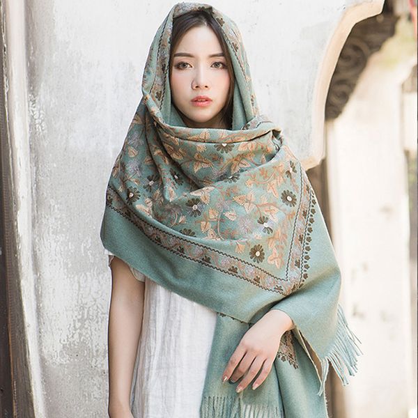 

cashmere head scarves women elegant lady carf and warm shawl long floral embroidery stoles bandana scarf hijab beach blanket, Blue;gray