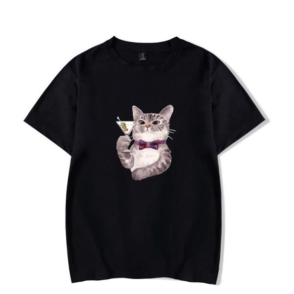 

new wine glass cat pattern spring and summer short-sleeved t-shirt harajuku fashion hip-hop cool streetwear short sleeve tshirts, White;black