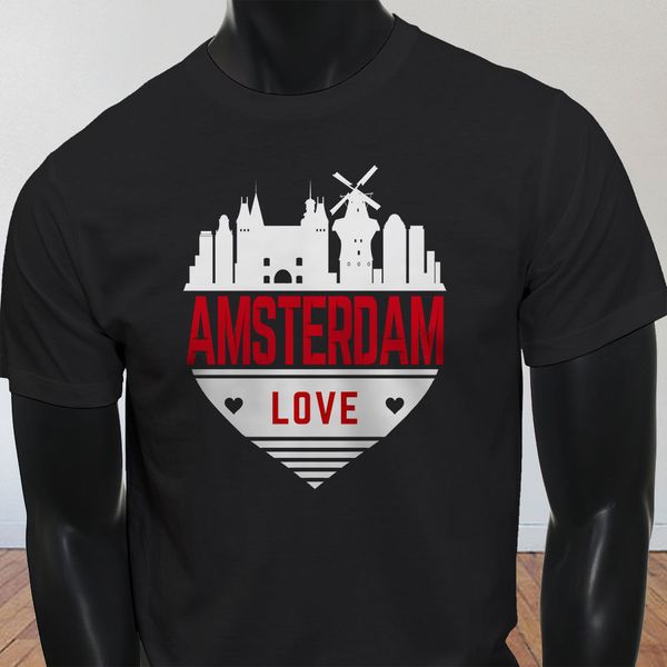 

новая весна высокого упругие хлопка amsterdam любовь skyline сердце нидерланды pride mens черная футболка летняя футболка