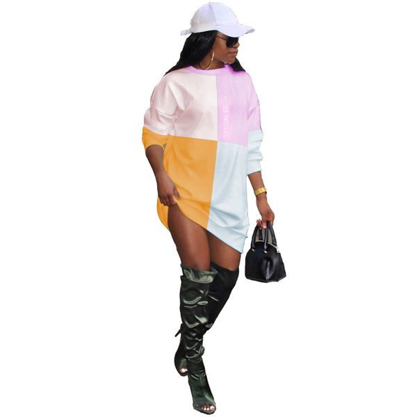 

women contrast color hoodies dresses panelled crew neck wide waisted dresses famale loose clothes, Black;gray