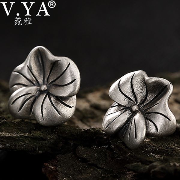 

v.ya 925 sterling silver lotus leaf stud earrings for women vintage silver jewelry hypoallergenic female fashion earring, Golden;silver