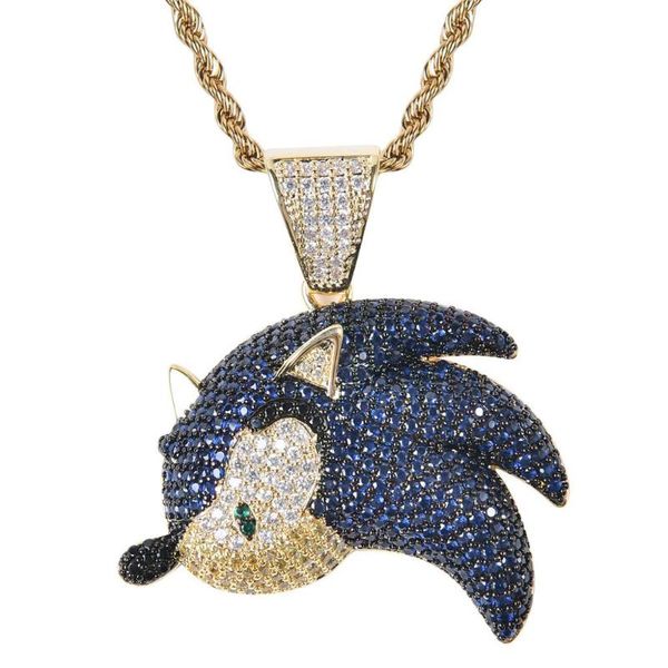 

sonicthehedgehog series pendant necklace iced out chain bling cubic zircon personality hip hop rock jewelry for man, Silver