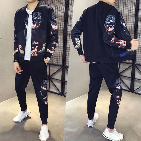 

autumn men's fashion printed tracksuit men moda hombre 2020 men's sportswear set cardigan sports jacket + pants 2 piece sets, Black;blue
