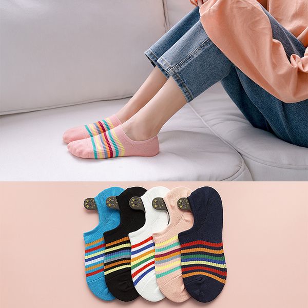 

socks & hosiery rainbow striped no-show cotton breathable women casual non slip slippers woman 2021, Black;white