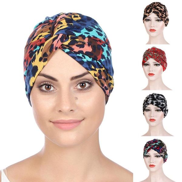 

women leopard front twist knot windproof muslim turban hat cap bonnet headwrap, Blue;gray