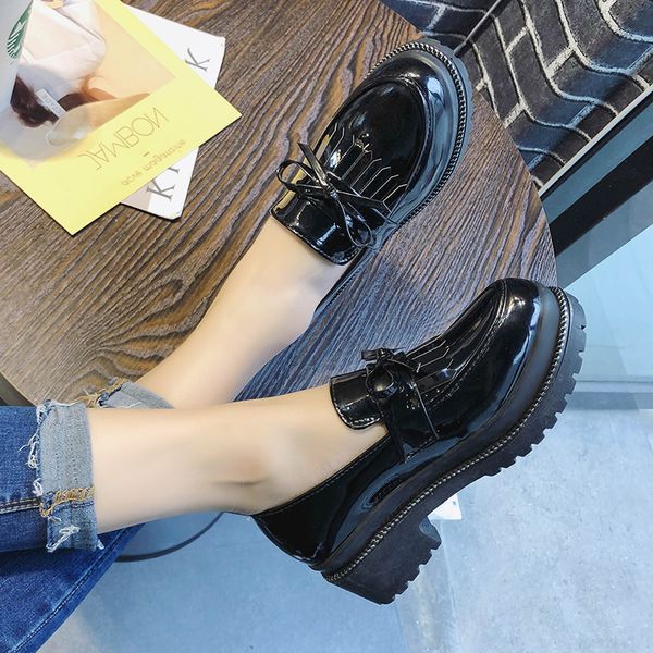 

thick new bottom platform shoes woman fringe tassel oxfords women shoes loafers female flats patent leather slip on ladies, Black