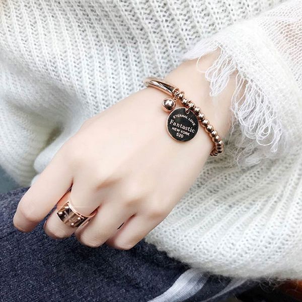 

fashion stainless steel ball beads bracelet for women circle tag charm stretch strand pendant bracelet girls gold letter jewelry, Golden;silver