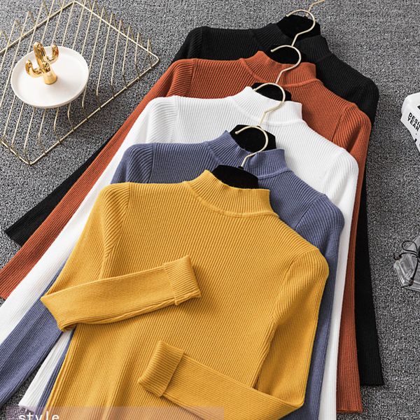 

2020 autumn winter women pullovers sweater knitted korean elasticity casual jumper fashion slim turtleneck warm female sweaters, White;black