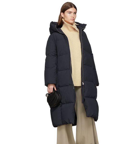 

2020 new puffer jacket hooded long sleeve white duck down knee length warm leisure contracted black long down jacket women