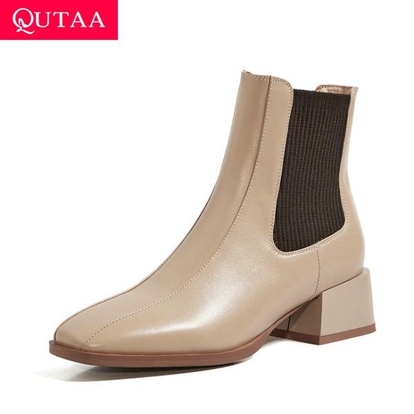 

qutaa 2021 square toe slip on ankle boots cow leather stretch fabrics women shoes autumn winter square heel short boot size34-43, Black