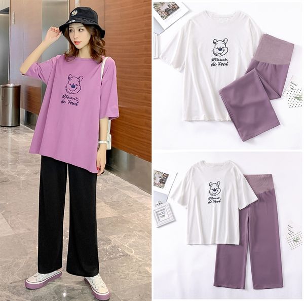 

2020 pregnant women's suit summer new two-piece suit western style casual mom fashion short-sleeved t-shirt t-shirt thin chiffon pants, Gray