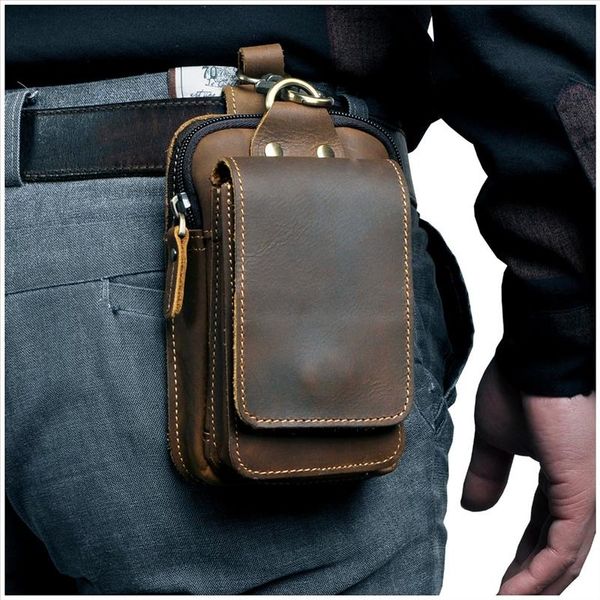

real leather men casual design small waist bag cowhide fashion hook bum bag waist belt pack cigarette case 5.5" phone pouch 1609