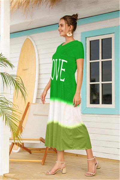 

градиент с коротким рукавом длинные платья женщины моды письмо printed пляж платье вокруг шеи мягкие удобные повседневные женские платья, Black;gray