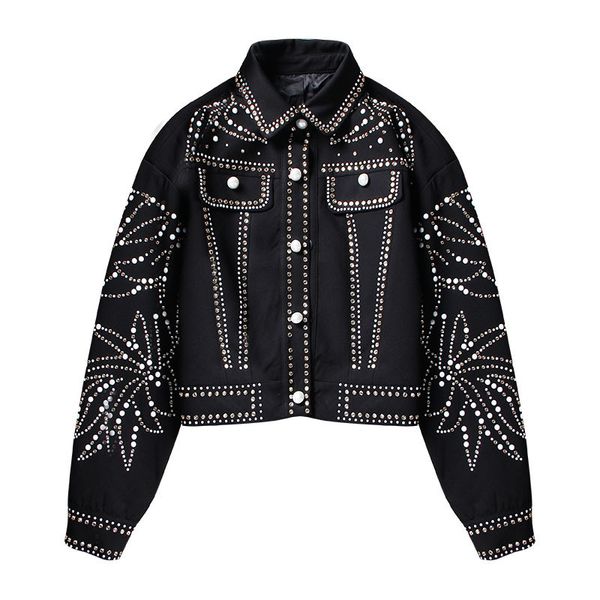 

leaves trend short jacket streetwear black pearls beading female coat, Black;brown