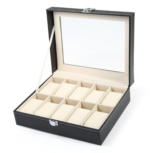 

watch boxes & cases 10 grids black pvc leather case jewelry display box, Black;blue
