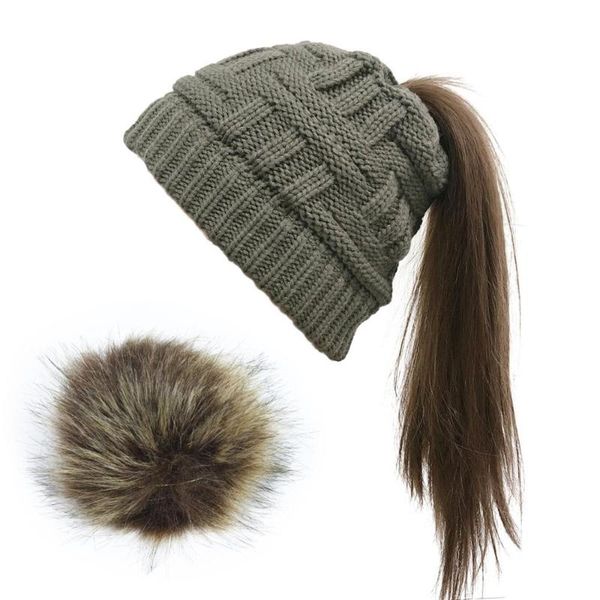 

messy bun beanie tail soft winter knit stretchy beanie hat cap for women, Blue;gray
