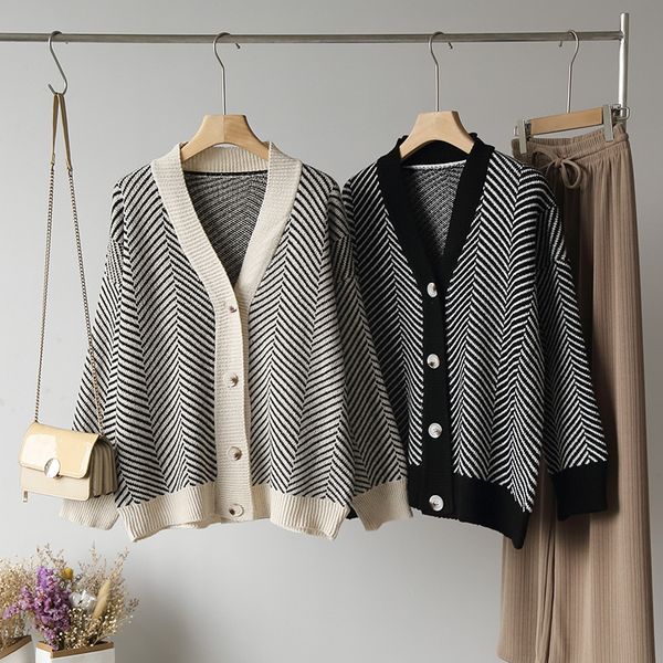 

bornladies simple style fashion women v-neck contrasting color single-breasted cardigan long-sleeve knitwear, White
