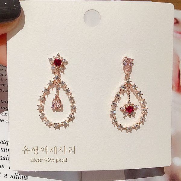 

high-end korean style water drop earrings gold color red pink clear cubic zirconia earrings luxury women party gift jewelry, Silver