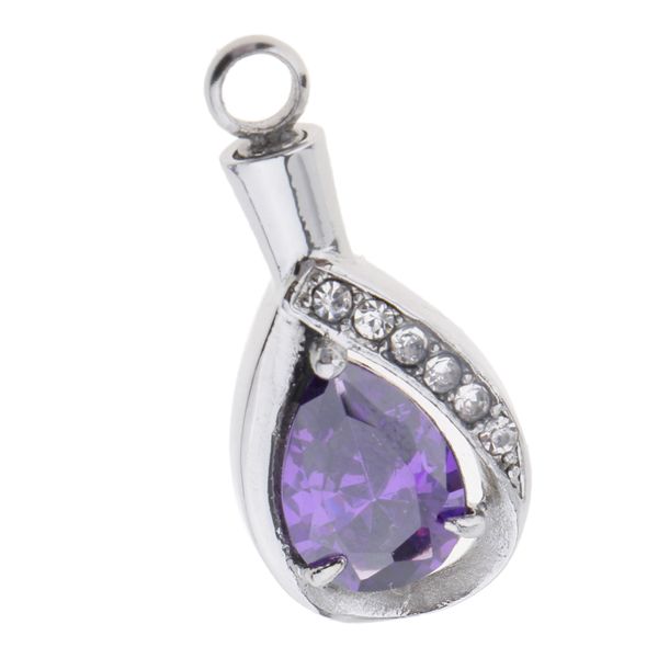 

purple gemstone stainless steel waterdrop shape memorial pendant ash holder, Silver