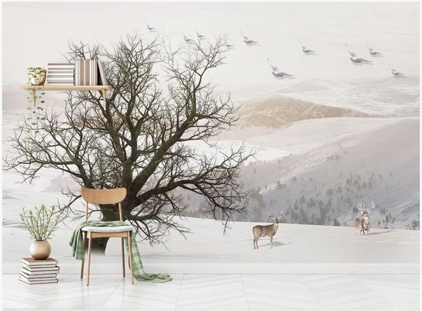 

custom mural p wallpaper 3d snow big tree, elk flying bird, beautiful natural scenery home decor wall papers in the living room