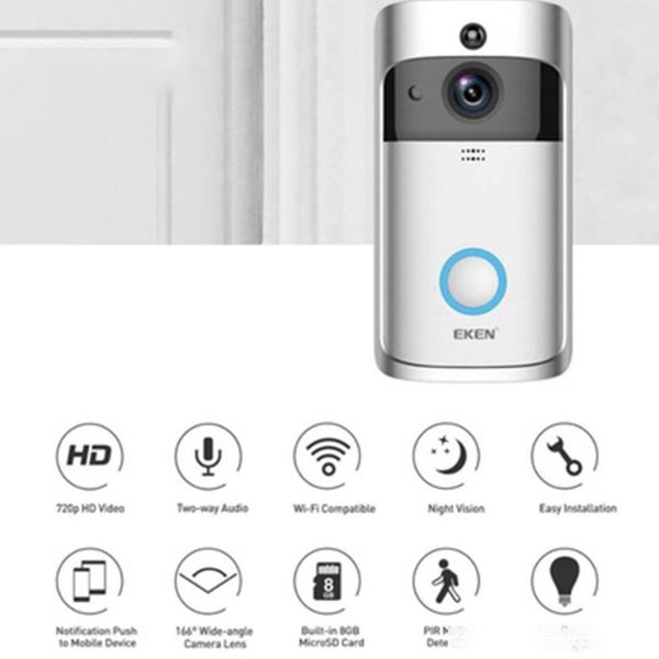 

eken wifi video doorbell v5 smart home door bell chime 720p hd camera real-time video two-way audio night vision pir motion detection