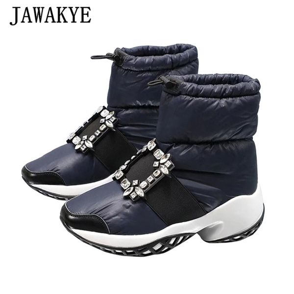 

new hiking snow boots woman rhinestone buckle rain boots warm down winter shoes platform drawstring slip on ankle botas mujer, Black