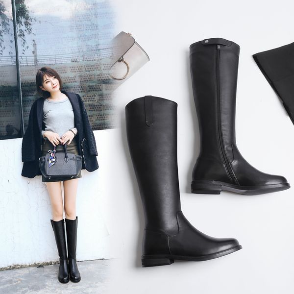 

2020 round toe flat with solid color all-match high boots korean style long boots women, Black