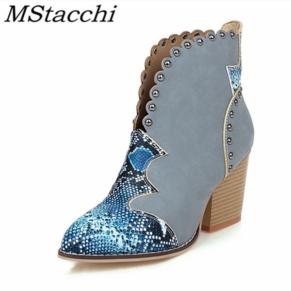 

mstacchi big size 34-46 serpentine metal decoration women short boots crude heel 2020 pointed rome madam shoes buty damskie, Black