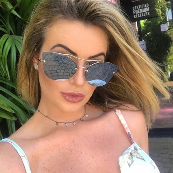 

sunglasses 2021 women's trend fashion mirror cat eye rimless luxury frameless ladies glasse feminino, White;black