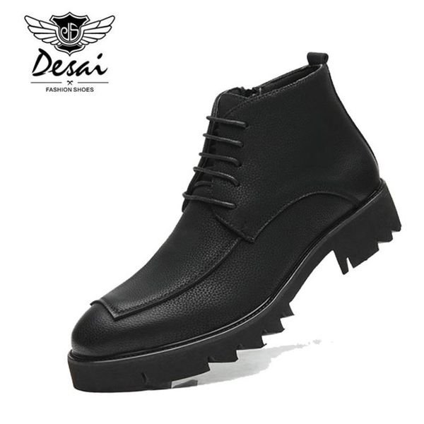 

fashion pointed toe leather boots lace up autumn men boots waterproof ankle high outdoor working men shoes, Black