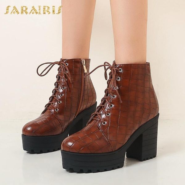 

boots sarairis 2021 design large size 43 platform ankle women shoes chunky heels zipper office autumn winter female, Black