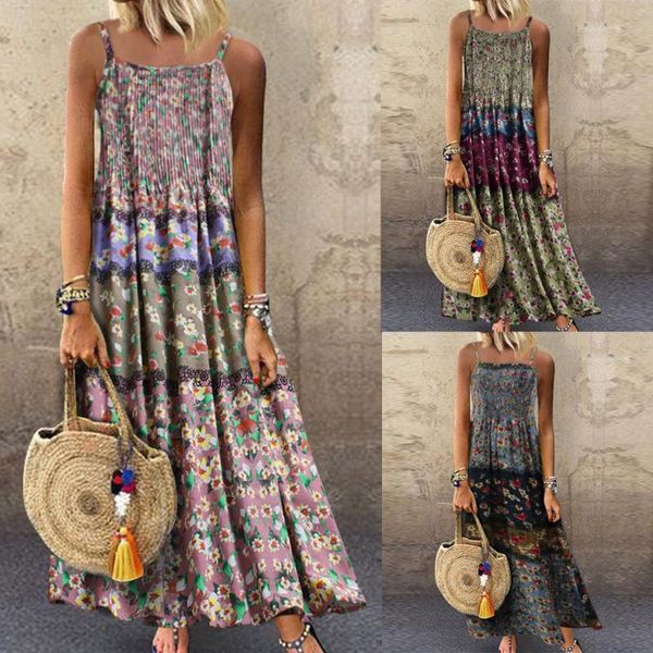 

women dress 2020 fashion women vintage bohemian print floral sleeveless o-neck straps maxi beach dresses lagre size loose dress, White