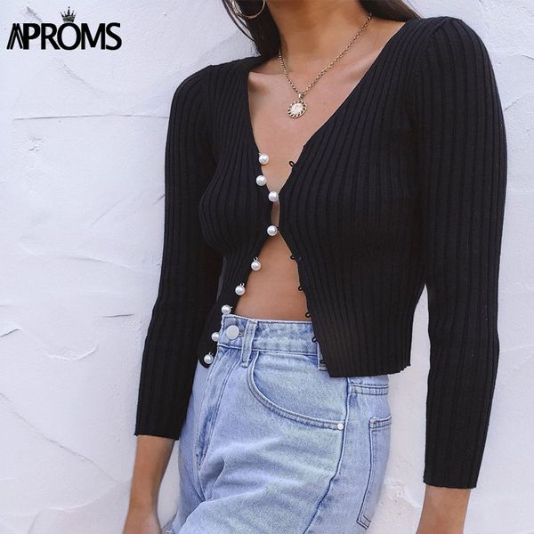 

aproms elegant vneck knitted cardigans sweaters women long sleeve buttons autumn winter sweater female jumper pull 2020, White